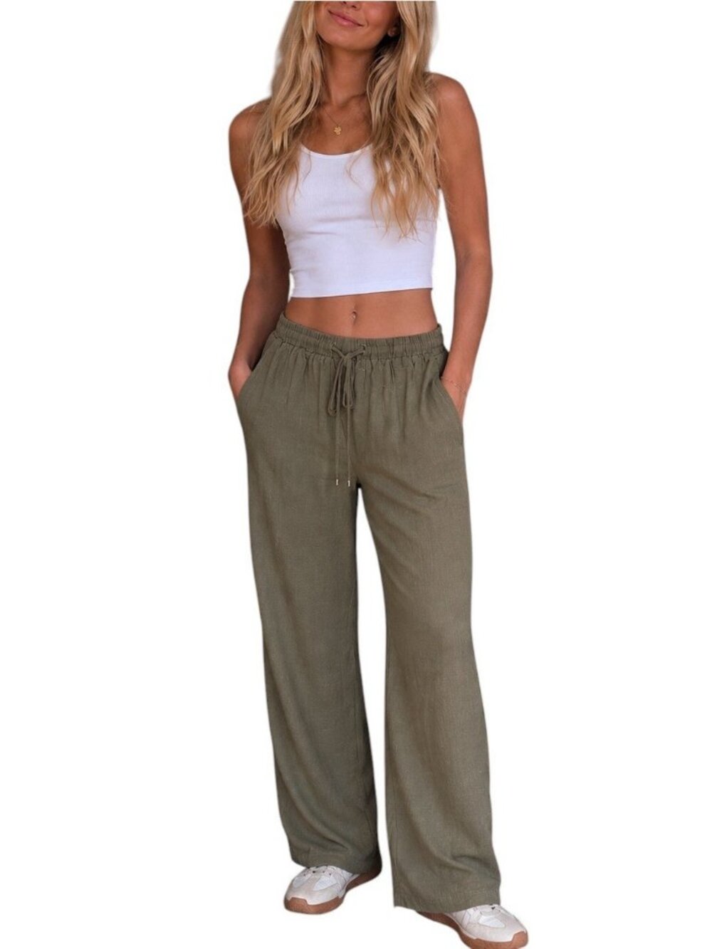 WhimsiGoth Fairy Core Linen Blend Wide Leg Pants Women’s S Olive Green Relaxed